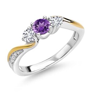 Gem Stone King 925 Silver and 10K Yellow Gold Lab Grown Diamond 3 Stone Women Engagement Ring Purple Amethyst (0.48 Cttw, Available In Size 5, 6, 7, 8, 9)