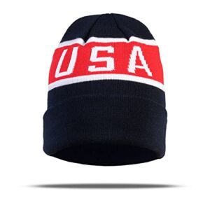 Willprointernational Will Pro International Beanie Hats for Men Women, Winter Hat, Indoors and Outdoors, Skull Cap, Cuffed Beanie, American Flag Patch Blue, Red and White