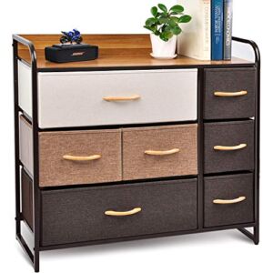 CERBIOR Drawer Dresser Closet Storage Organizer 7-Drawer Closet Shelves, Sturdy Steel Frame Wood Top with Easy Pull Fabric Bins for Clothing, Blankets – Mixture