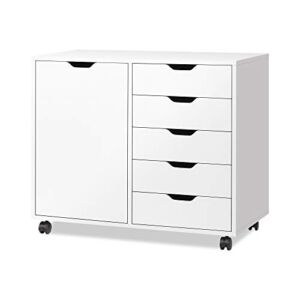 DEVAISE 5-Drawer Wood Dresser Chest with Door, Mobile Storage Cabinet, Printer Stand for Home Office