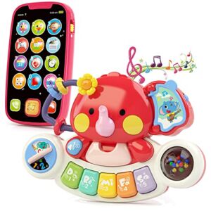 Baby Musical Learning Cell Phone Toys and Elephant Piano Keyboard Toys with Light up, Baby Infants Toddlers 6 12 18 24 Months and Up Birthday Gifts for 1 2 3 Year Old Girl Boy