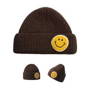 Winter Slouchy Beanie Hats Women Men Knit Smiley Face Hat Warm Cool Stocking Cap for Ski, Hiking,Fishing,Daily (Brown), 7 1/2