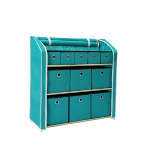 HOMEFORT Multi-Bin Storage Shelf 11 Drawers Storage Chest Linen Organizer Closet Cabinet with Zipper Covered Foldable Fabric Bins and Sturdy Metal Shelf Frame in Turquoise,31″W x12″ Dx32″H