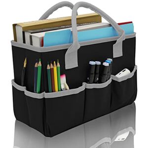 Art Organizer Craft Storage Tote Bag with Pockets and Hadles, Oxford Fabric Carrying Caddy for Teacher, Officer, Artist, Students, Traveler, and More – Black with Grey Edge