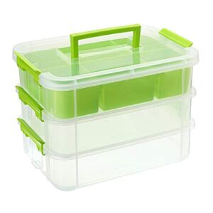 JUXYES 3-Tiers Stack Carry Storage Box With Divided Tray, Transparent Stackable Storage Bin With Handle Lid Latching Storage Container for School & Office Supplies (Green)