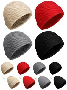 4 Pcs Fisherman Beanie or 2 in 1 Regular Cuff Acrylic Wool Knit Beanie Soft Warm Slouchy Fall Winter Hats for Men Women Black Grey Beige Red Ski Cap, Unisex