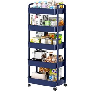 Sywhitta 5-Tier Plastic Rolling Utility Cart with Handle, Multi-Functional Storage Trolley for Office, Living Room, Kitchen, Movable Storage Organizer with Wheels, Blue