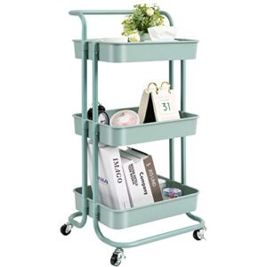 danpinera 3 Tier Rolling Utility Cart with Wheels and Handle Storage Organization Shelves for Kitchen, Bathroom, Office, Library, Coffee Bar Trolley Service Cart, Green
