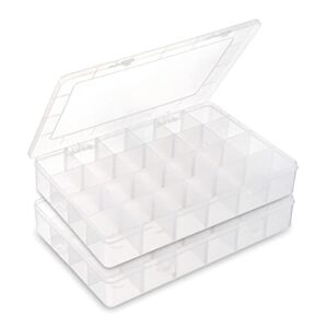 2 Pack 24 Grids Clear Plastic Organizer Box, BUG HULL Craft Storage Container Jewelry Box with Adjustable Dividers for Beads Art DIY Crafts Jewelry Fishing Tackle Metal Parts Accessories Screws Button