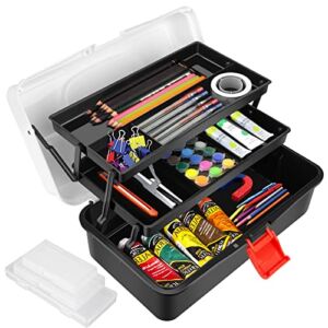 Art Supply Organizer for Kids 2-Tray Craft Storage Box Portable Artifacts Sewing Makeup Nail Hair Accessories Bin Black with Handle with 3 Free Plastic Boxes