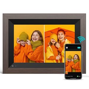Digital Photo Frame, 10.1 inch AKIYO WiFi Digital Picture Frame HD Touch Screen, 16GB Storage, 1080P Support, for Parents/Family/Friends, Share Pictures and Videos via APP, Wood Effect