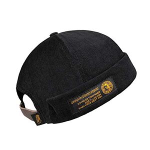Men Women Vintage Style Brimless Docker Cap Solid Color Adjustable Leather Buckle Skullcap Beanie Cuffed Hat (Corduroy-Black, 21.6-23.6″ Head Circumference)