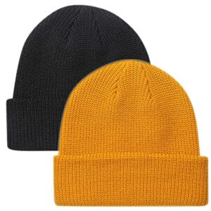 MaxNova Knit Cuff Fisherman Beanie Hat for Men Women (2pack Black/Gold Yellow)