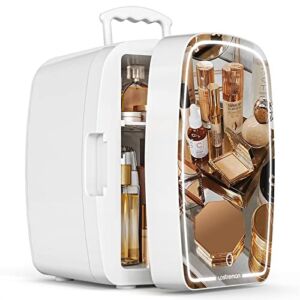 Upstreman TF06 6 Liter Portable Mirrored Fridge for Beauty Makeup with LED Lights, Cooler for Creams & Moisturizers, Fragrance and Face Masks, Skincare, Makeup, in Bedroom, Dorm and Office, White.