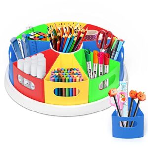 JoinJoy Rotating Desk Organizer for Kids – Homeschool Organizers and Storage – Kids Art Supply Storage with Sturdy Spin Base and 9 Removable Containers – Colorful Design – Easy to Use (Multicolored)