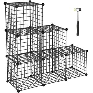 HUBSON Wire Cube Storage Organizer, Book/Toy/Craft/Potted Plants and Pet Closet Organizers and Storage Shelves, 6-Cube Freely Combinable Metal Grids Storage Shelf, Black, Iron