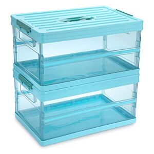 BTSKY 2 Pack Plastic Container Box with Lid, Stackable Transparent Collapsible Storage Bin Multi-Purpose Portable Storage Container Box Large Capacity Home Utility Box for Home, Office, Car, Kitchen Organizing (Clear Blue)