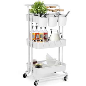 E&D FURNITURE 3 Tier Rolling Storage Cart with Wheels, Utility Art Craft Supply Cart Organizer on Wheels, Multipurpose Adjustable Makeup Cart Hair Salon Trolley with Handle & Hanging Cups