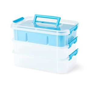 Bins & Things Stackable Storage Container with Organizers – 3 Trays – Blue – Craft Storage / Craft Organizers and Storage – Bead Organizer Box / Art Box Organizer – Art Storage Box & Craft Box Organizer