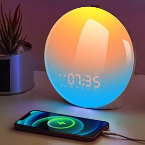 2022 New Wake Up Light Sunrise Alarm Clock , Aurora Light for Kids, Heavy Sleepers,Sunrise Simulation, Sleep Aid, Dual Alarms, FM Radio, Snooze, Nightlight, Daylight, Natural Sounds, Ideal for Gift