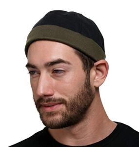 SnugZero Brimless Hats for Men & Women Fisherman Beanie Docker Hat No Brim Cotton Skull Cap (Black W/Olive Green Cuff)
