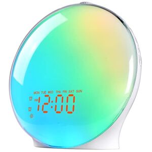 Wake Up Light Sunrise Alarm Clock for Kids, Heavy Sleepers, Bedroom, Full Screen Light with Sunrise Simulation, Fall Asleep Aid, Dual Alarms, FM Radio, 14 Colors, 7 Natural Sounds, Ideal for Gift