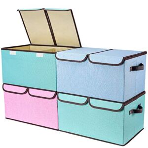 Larger Storage Cubes [4-Pack] Senbowe Linen Fabric Foldable Collapsible Storage Cube Bin Organizer Basket with Lid, Handles, Removable Divider For Home, Office, Nursery, Closet – (16.5 x 11.8 x 9.8”)