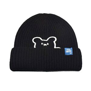 Unisex Winter Warm Knitted Beanie Hat for Teens Cute Bear Prints Ribbed Fisherman Hats Plain Cuffed Soft Stretchy Skull Cap Black