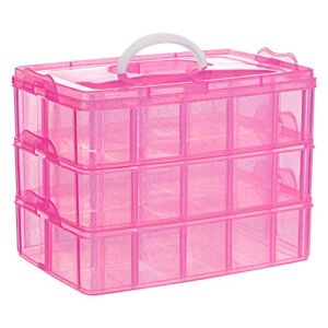 SGHUO 3-Tier Pink Craft Storage Container Box, Stackable Organizer Box with Dividers for Art Supplies, Beads, Washi Tapes, Seed, Hair Accessories, Nail, 9.5X6.5X7.2in