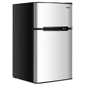COSTWAY Compact Refrigerator, 3.2 cu ft. Unit 2-Door Mini Freezer Cooler Fridge with Reversible Door, Removable Glass Shelves, Mechanical Control, Recessed Handle for Dorm, Office, Apartment (Grey)
