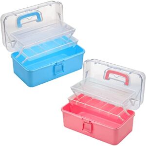 2 Pcs 13 Inch 3-Layer Multipurpose Storage Box Plastic Portable Storage Box Sewing Box Art and Crafts Case Box Family First Aid Box Medicine Box with Handle Box for Home School Office (Blue and Pink)