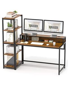 Teraves Computer Desk with 5 Tier Shelves,Reversible Writing Desk with Storage 47 Inch Study Table for Home Office Independent Bookcase and Desk for Multiple Scenes (Desk+Shelves, Teak)