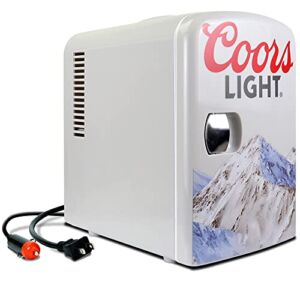 Coors Light 4L Portable Mini Fridge with 12V DC and 110V AC Cords, 6 Can Personal Cooler for Beer, Snacks, Lunch, Drinks, Desk Accessory for Home, Office, Bar, Dorm, Travel, Gray