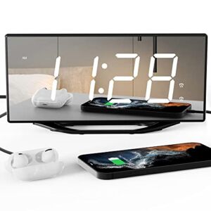 Digital Clocks for Bedrooms with 8.7” Large Display,LED Mirror Alarm Clock for Heavy Sleepers Adults,Dual USB Ports & Dual Alarms, Battery Backup, Larger Snooze Button , 7-Level Volume & Brightness