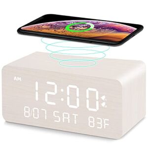 Andoolex Wooden Digital Alarm Clock with Wireless Charging, 0-100% Adjustable Brightness Dimmer and Alarm Volume, Weekday /Weekend Mode, Dual Alarm, Snooze, 12/24H, Wood LED Clock for Bedroom (White)