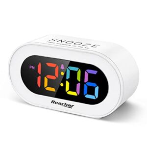 Reacher Small Colorful LED Digital Alarm Clock with Snooze, Simple to Operate, Full Range Brightness Dimmer, Adjustable Alarm Volume, Outlet Powered Compact Clock for Bedrooms, Bedside, Desk, Shelf