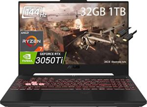 ASUS TUF Gaming A15 15.6″ FHD 144Hz (32GB DDR5 RAM, 1TB PCIe SSD, AMD 8-Core Ryzen 7 6800H (Beat i7-11800H), RTX 3050 Ti) Gaming Laptop, RGB Backlit, Type-C, Wi-Fi 6, IST HDMI, Win 11 Home – 2022