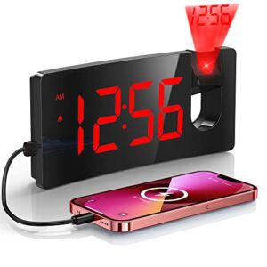 Projection Alarm Clock, Digital Clock with 180° Rotatable Projector, 3-Level Brightness Dimmer, Clear LED Display, USB Charger, Progressive Volume, 9mins Snooze,12/24H, Digital Alarm Clock for Bedroom