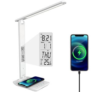 Taodaliy Desk Lamp, LED Desk Lamp with Wireless Chargers and USB Charging Port for Home Office, Desk Light with Alarm Clock, Date and Temperature, Office Desk lamp, White