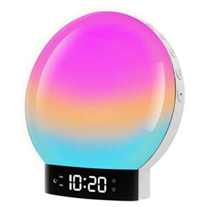 Shinmax Wake Up Light Sunrise Alarm Clock, Bluetooth Speaker White Noise Clock Radio with Sunrise and Sunset Simulation, Dual Alarms, Snooze, FM Radio 11 Natural Music and 14 Colors Ideal for Gift