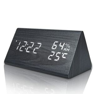 Wooden Digital Alarm Clock with Electronic LED Time Display, Humidity&Temperature Detect for Bedroom, Bedside (Black Triangle)