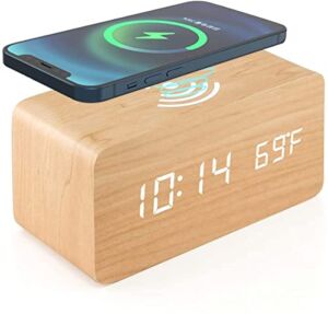 Wooden Digital Alarm Clock with Wireless Charging Pad for Bedroom for iPhone, Samsung, Item Bros Wood LED Clock with Sound Control Function, Time, Date, and Temperature Display (Bamboo Color)