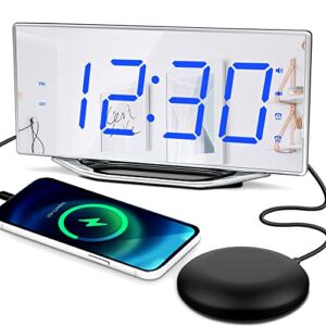 Loud Vibrating Alarm Clock with Bed Shaker, 8.7″ Digital Mirror Clock with Dimmer for Makeup, Large Display, USB Charger, Dual Alarms, Snooze &Battery Backup for Heavy Sleepers, Hearing Impaired Deaf
