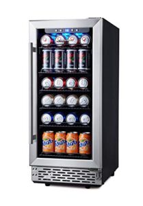 Phiestina 15 Inch Beverage Cooler Refrigerator – 96 Can Built-in or Free Standing Beverage Fridge with Glass Door for Soda Beer or Wine – Compact Drink Fridge For Home Bar or Office