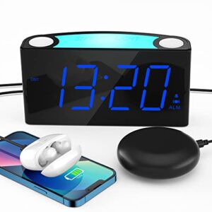 Super Loud Vibrating Alarm Clock for Heavy Sleepers, Bed Shaker Alarm Clock with 7 Color Night Light, 2 USB Chargers, 0-100% Dimmer&Battery Backup, Easy Digital Clock for Hearing Impaired Deaf Kids