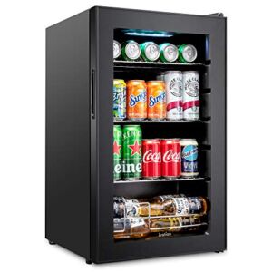 Ivation 101 Can Beverage Refrigerator | Freestanding Ultra Cool Mini Drink Fridge | Beer, Cocktails, Soda, Juice Cooler for Home & Office | Reversible Glass Door & Adjustable Shelving – Black