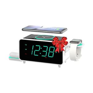 Emerson Radio Smartset Alarm Clock FM Radio with Wireless Charging, Bluetooth Speaker, Fast Charging for Airpods/iPhone, Foldable Stand, USB Charger, Adjustable LED Glow, ER100501, Black/Neon
