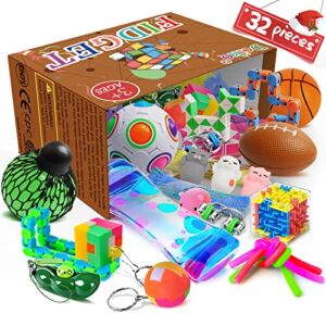 Dciko Fidget Toys Pack, 32Pcs Sensory Toys Set for Kids Teens Adults, Fidget Box with Stress Ball Mochi Squishy, Party Favors Classroom Rewards Carnival Treasure Box Prizes Pinata Goodie Bag Fillers
