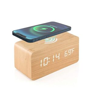 Digital Alarm Clock, Wooden Alarm Clock with Wireless Charging, Snooze, Working Day and Sound Control Mode, Suitable for Bedroom, Office (Yellow)