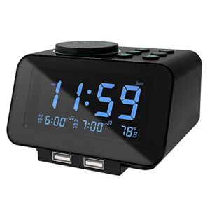 USCCE Digital Alarm Clock Radio – 0-100% Dimmer, Dual Alarm with Weekday/Weekend Mode, 6 Sounds Adjustable Volume, FM Radio w/ Sleep Timer, Snooze, 2 USB Charging Ports, Thermometer, Battery Backup